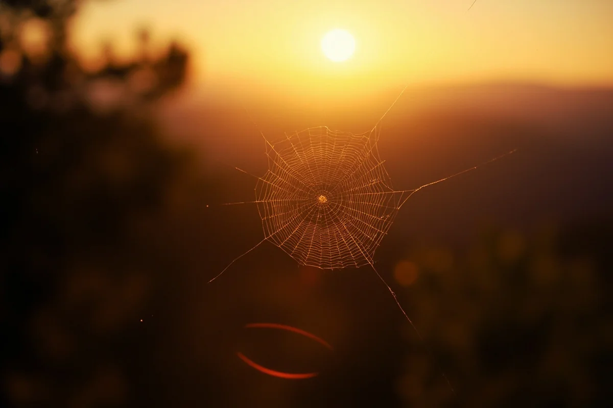 A golden cross orb weaver spider in its web with Montana forest backdrop at sunrise