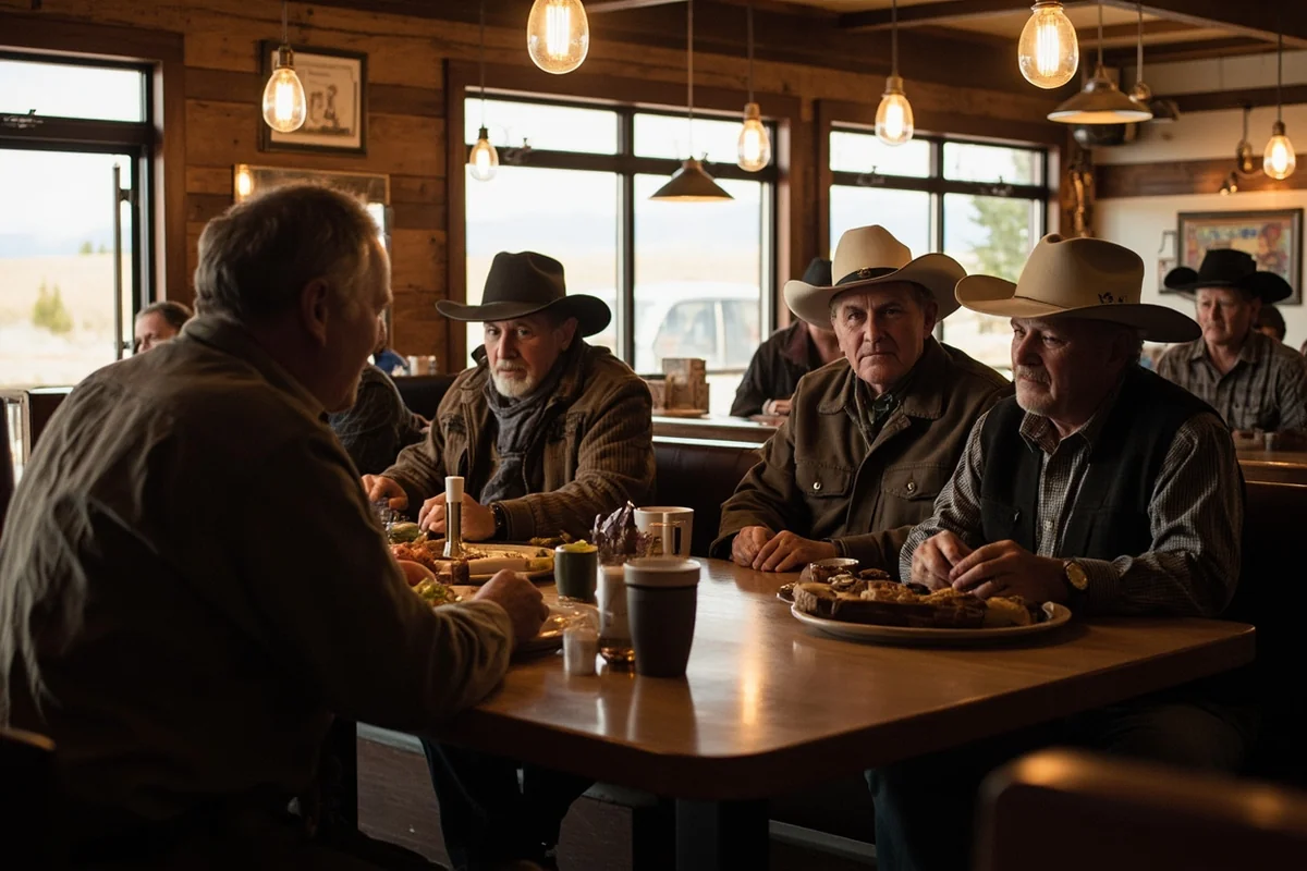 A group of ranchers and locals gathered at a small-town Montana diner, showcasing authentic Montana culture and community