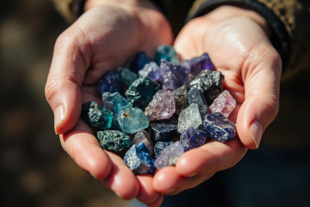 A handful of rough Montana sapphires in various colors displayed in someone's palm, showing blues, greens, and pinks