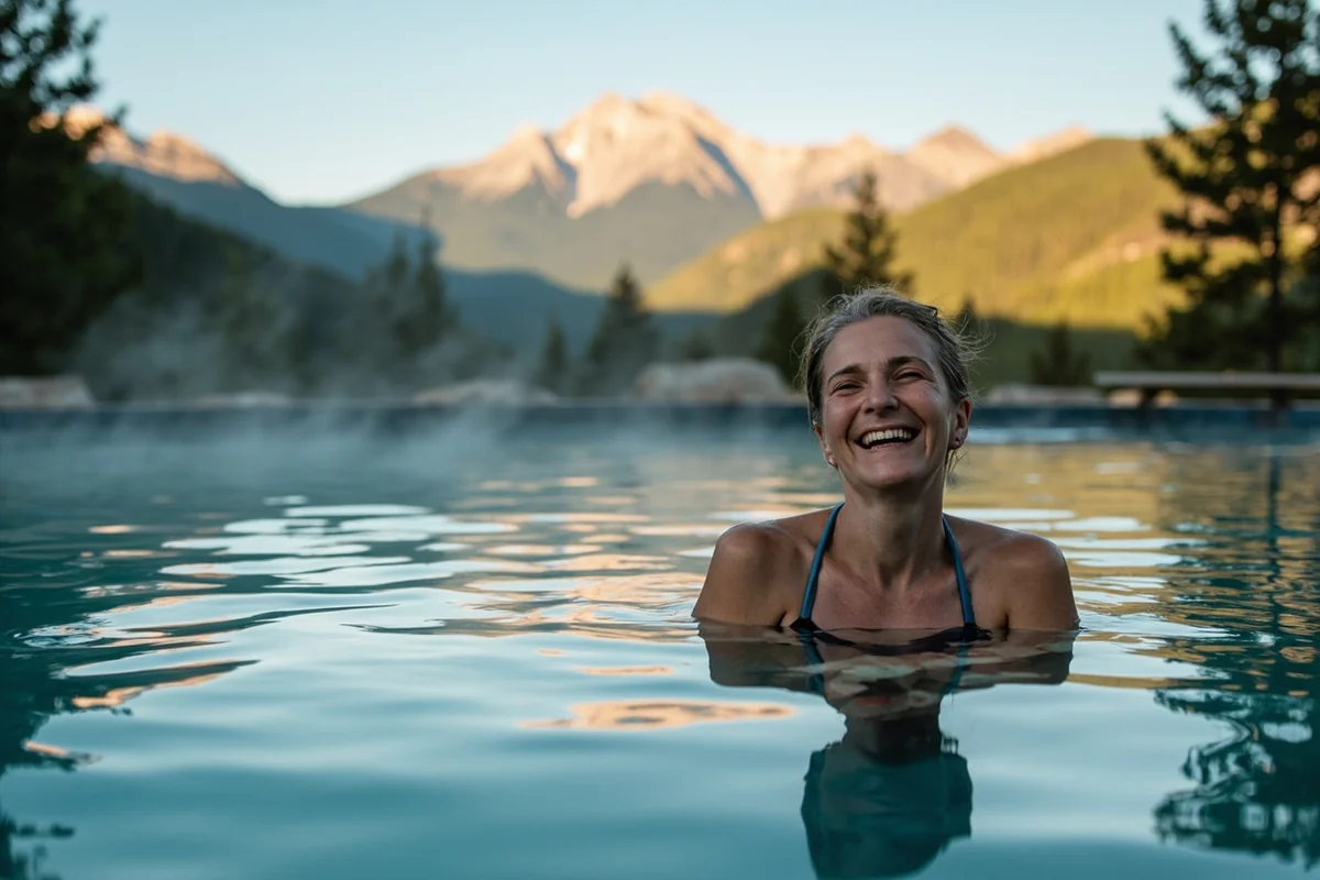 A happy visitor relaxing in a Montana hot spring with mountain views and pine trees