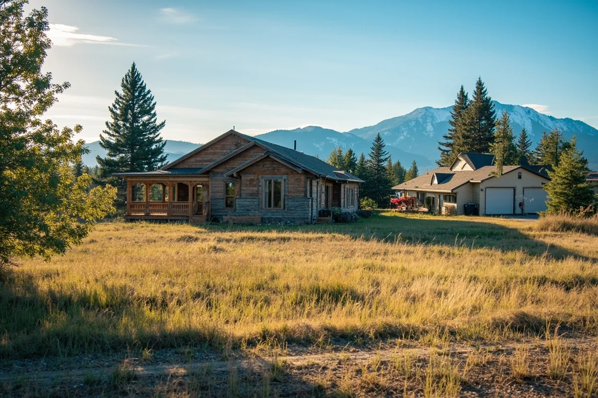 A modest but well-maintained single-family home in an affordable Montana town with mountains in the distance