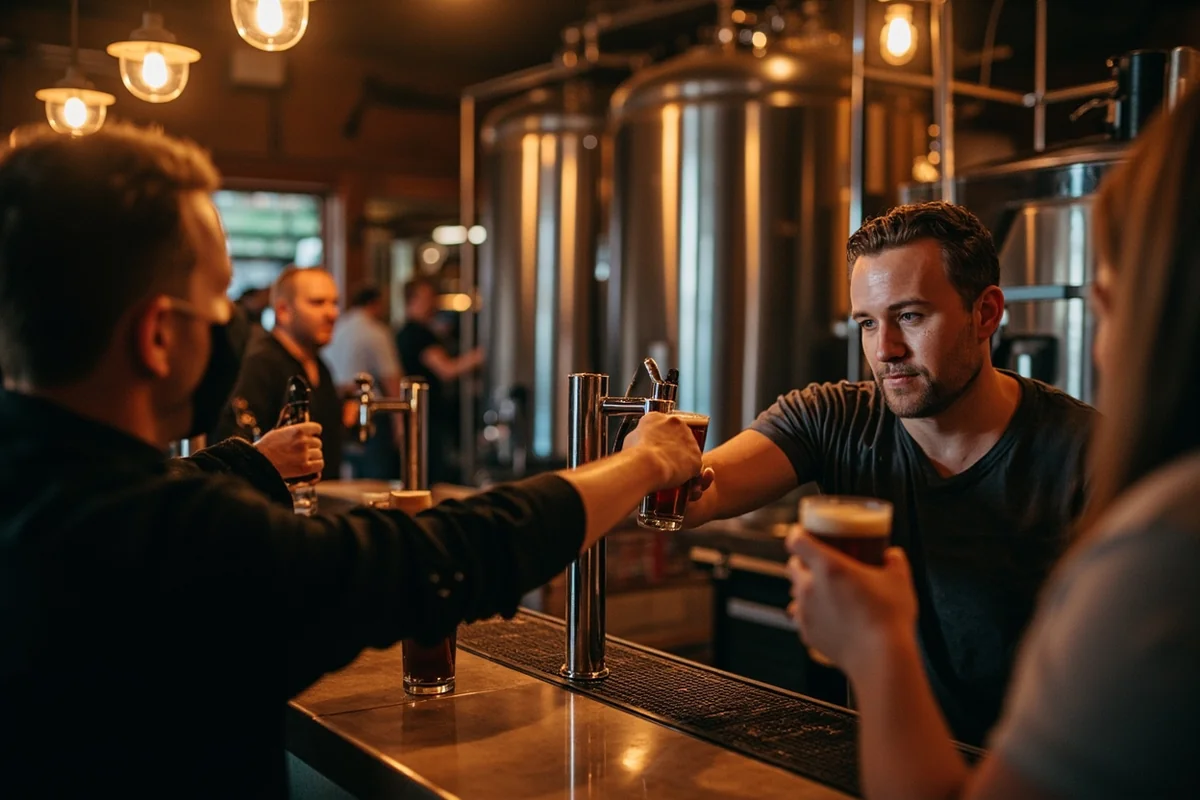 A Montana brewery owner pouring a beer from behind the bar, engaging with customers