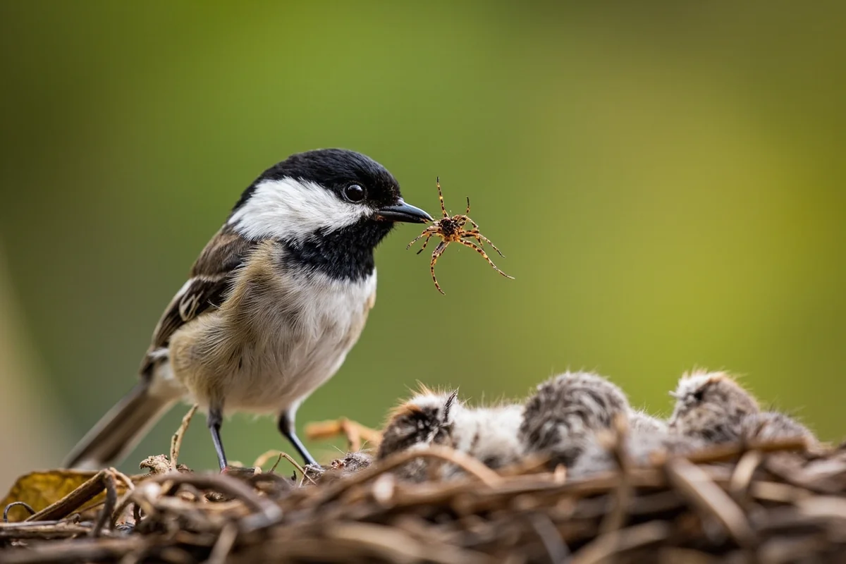 A Montana chickadee with a spider in its beak, feeding nestlings