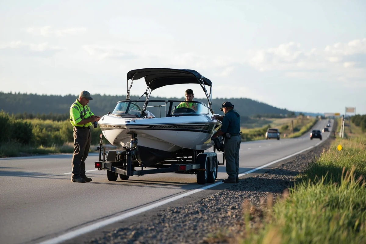A Montana Fish, Wildlife & Parks boat inspection station on a highway with staff checking a trailer