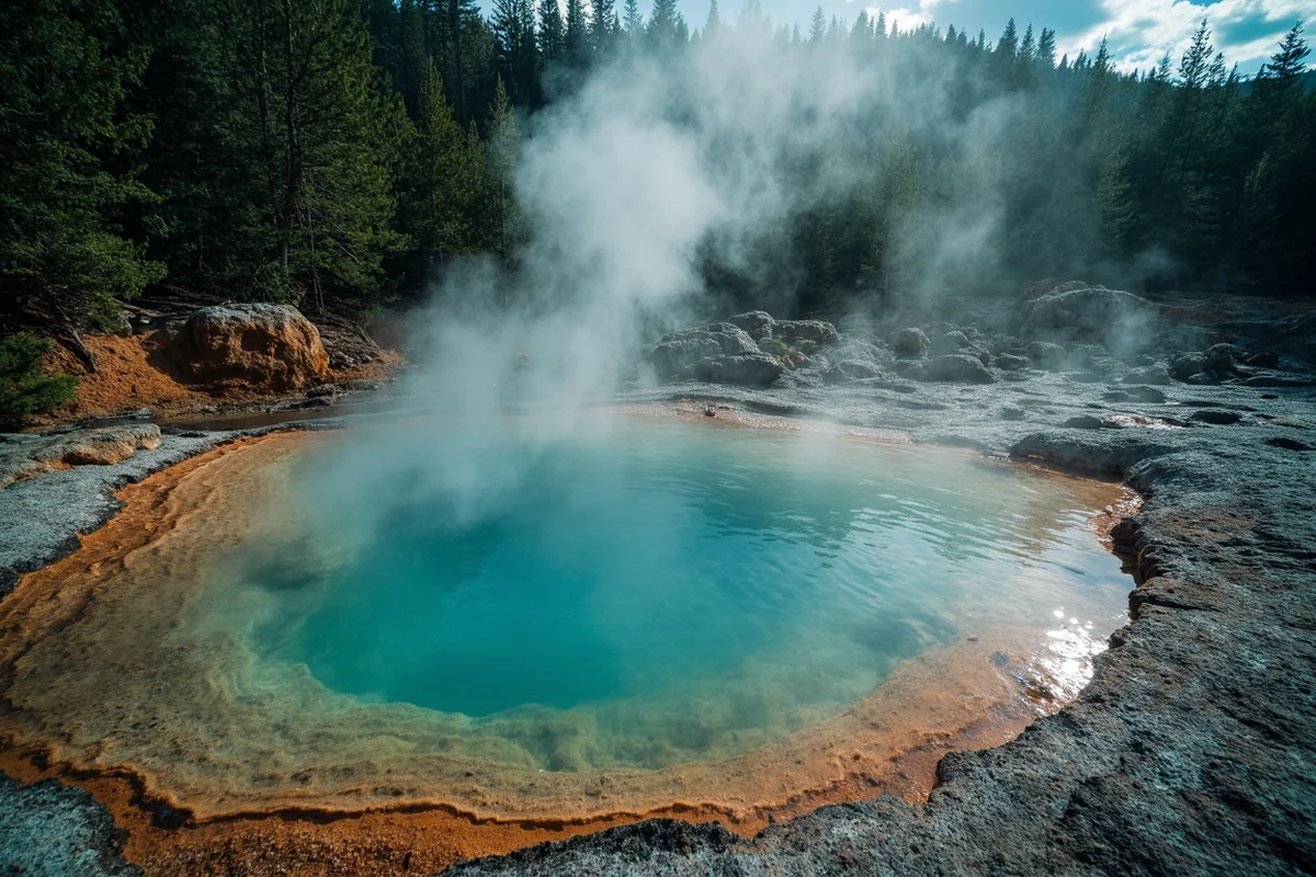A natural primitive hot spring pool surrounded by rocks and forest, steam rising