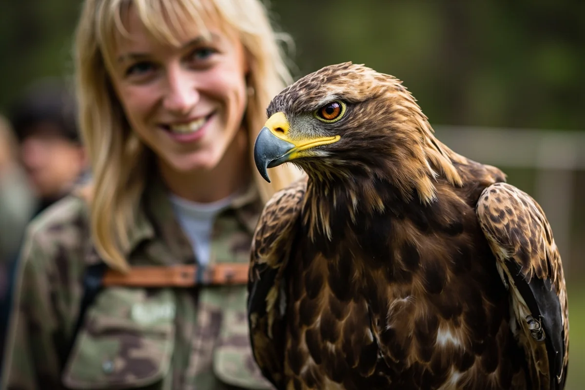A naturalist holding a golden eagle during a raptor presentation at Montana Wildlife Center