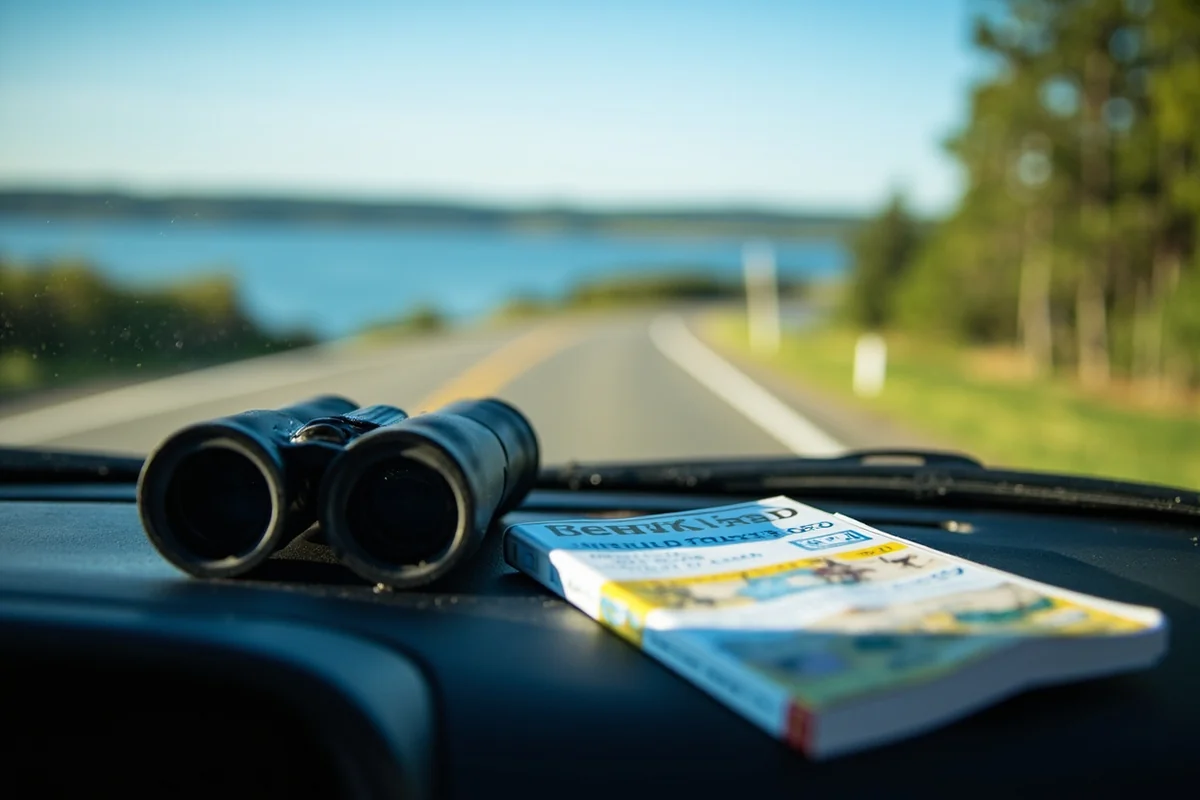 A pair of binoculars and a field guide on a car dashboard with Benton Lake visible through the windshield