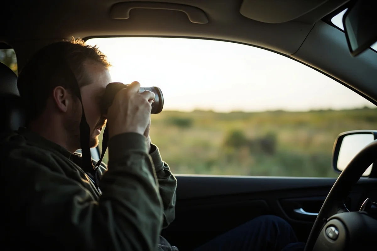A photographer shooting from a car window on the Prairie Marsh Wildlife Drive with binoculars visible on the dashboard
