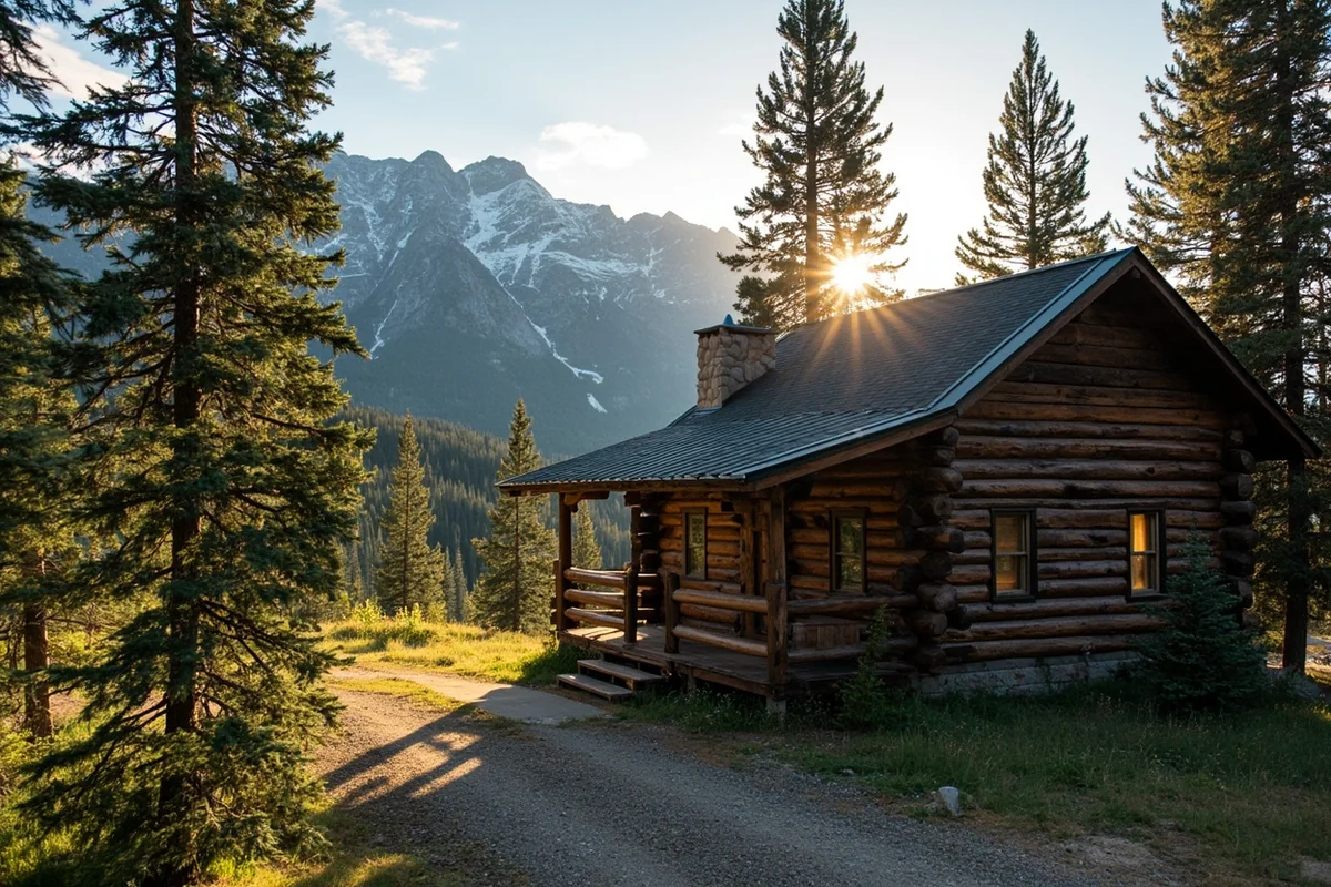 A rustic Montana cabin rental near Glacier National Park surrounded by pine forest with mountain views