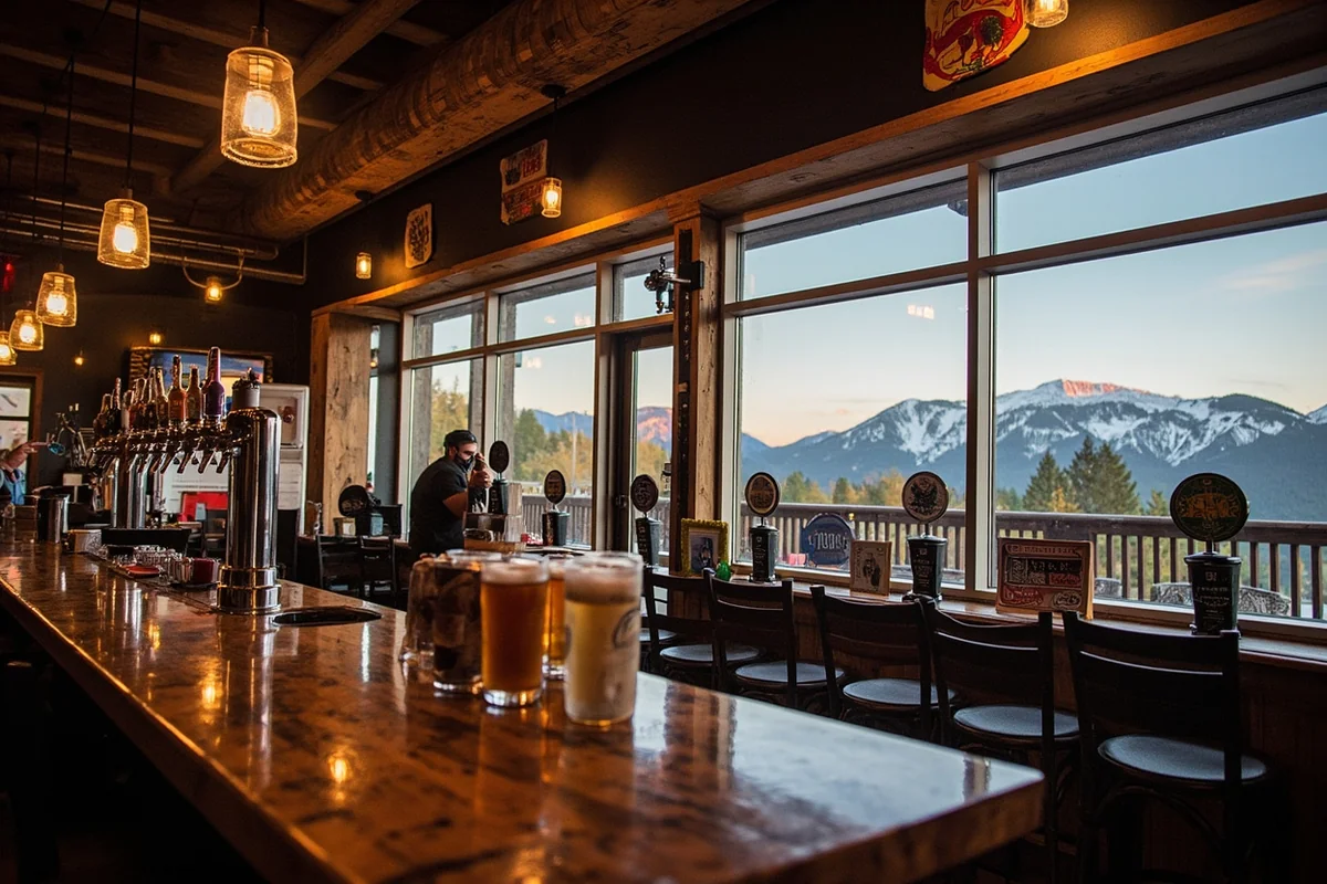 A rustic Montana taproom interior with wooden bar, local craft beers on tap, and mountain views through large windows