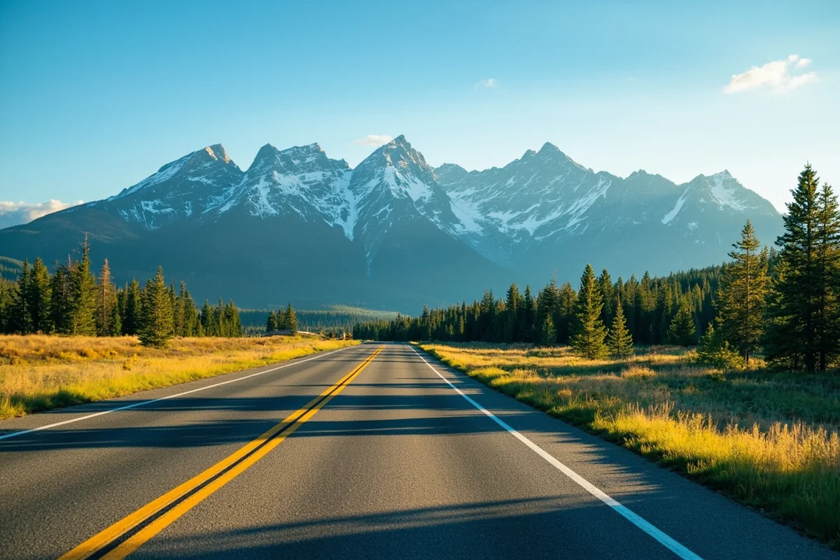 A scenic Montana road with mountain backdrop, representing travel through the state