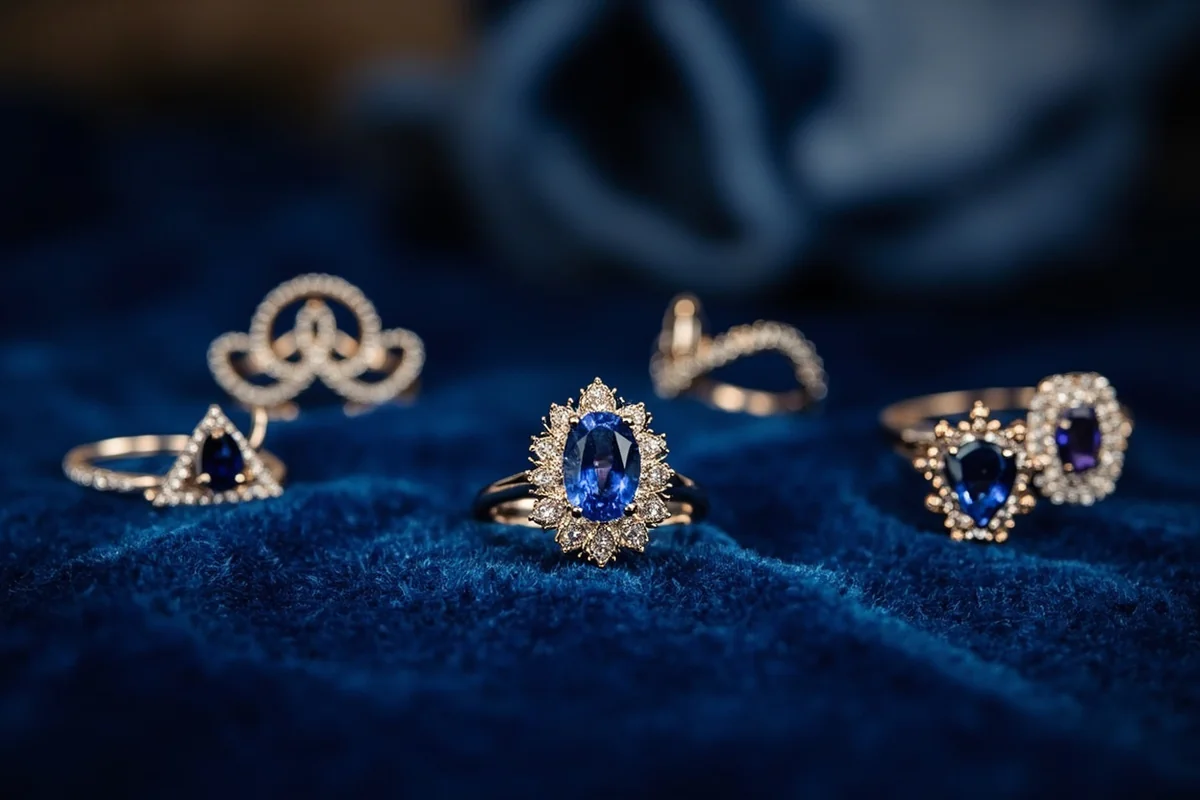 A selection of Yogo sapphire jewelry pieces including rings and pendants displayed on velvet