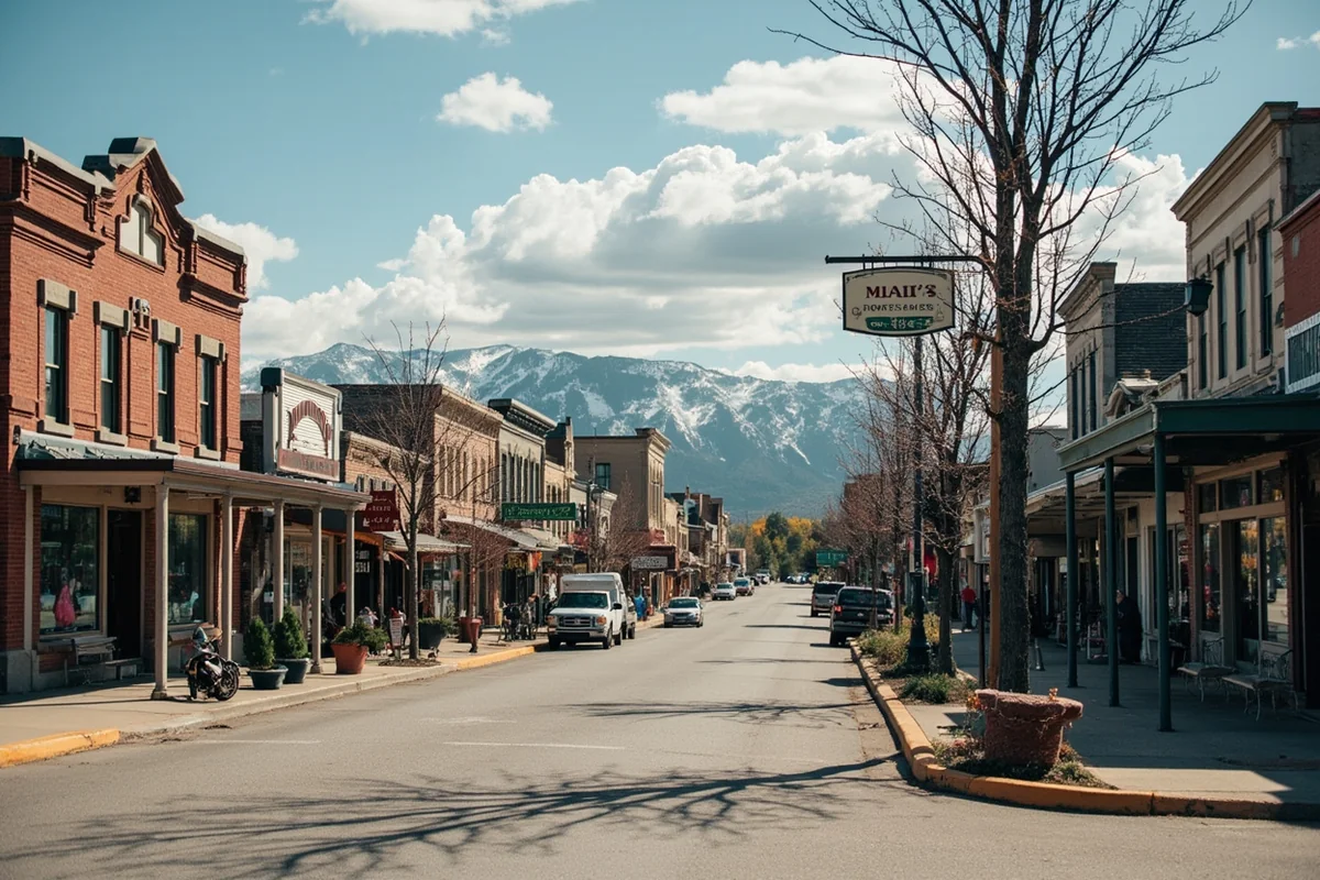 A small Montana town main street showing local businesses and the characteristic Western architecture