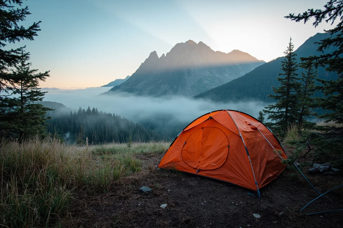 A tent campsite at Many Glacier Campground with mountain backdrop and morning mist