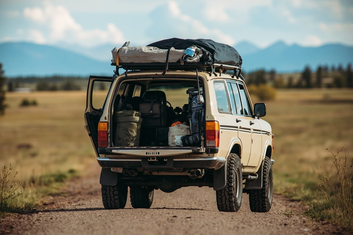 A well-equipped vehicle on a Montana backroad with preparedness gear visible
