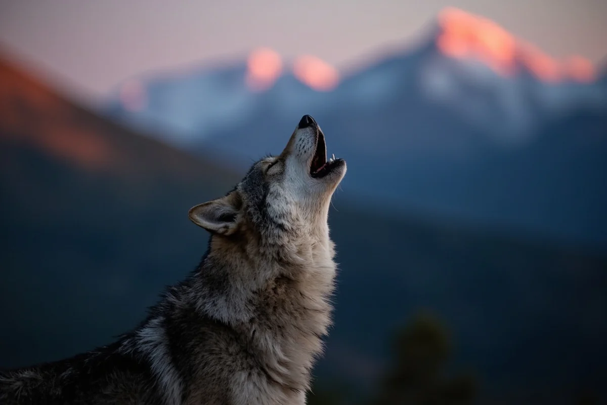 A wolf howling at dusk at the Grizzly & Wolf Discovery Center with Yellowstone's mountains visible in the background