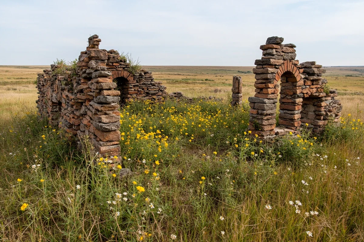 Abandoned homestead foundation on prairie with wildflowers growing through ruins
