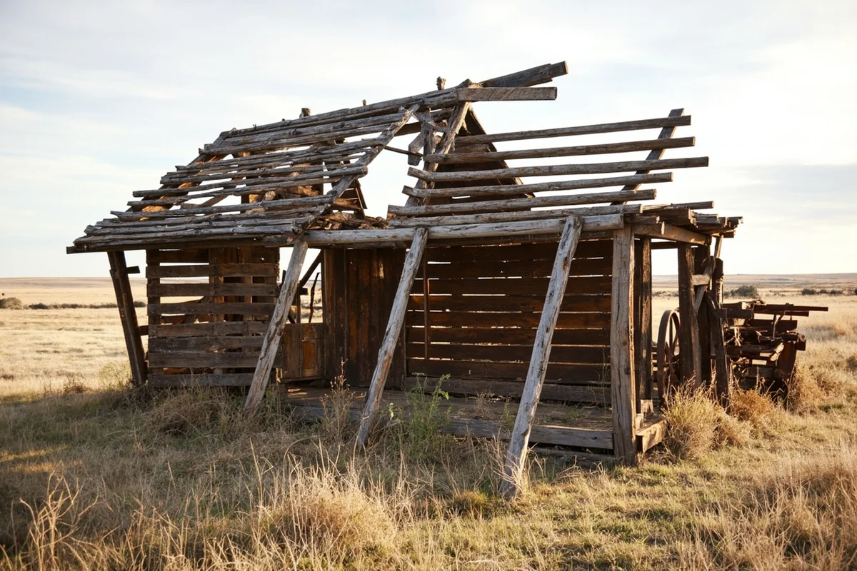 Abandoned homestead on Montana prairie with collapsed wooden structure and rusted farm equipment
