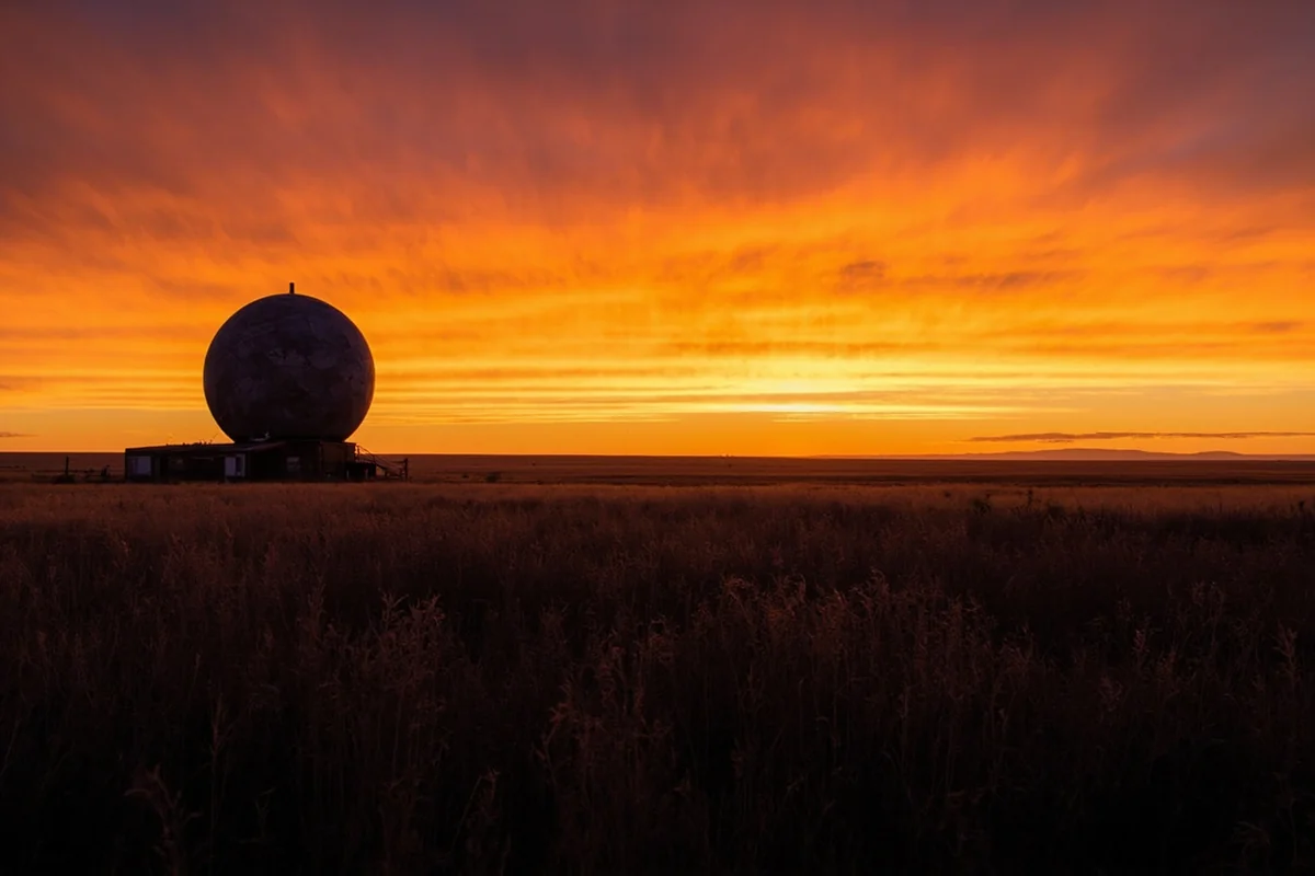 Abandoned radar dome structure silhouetted against Montana sunset with prairie grass in foreground