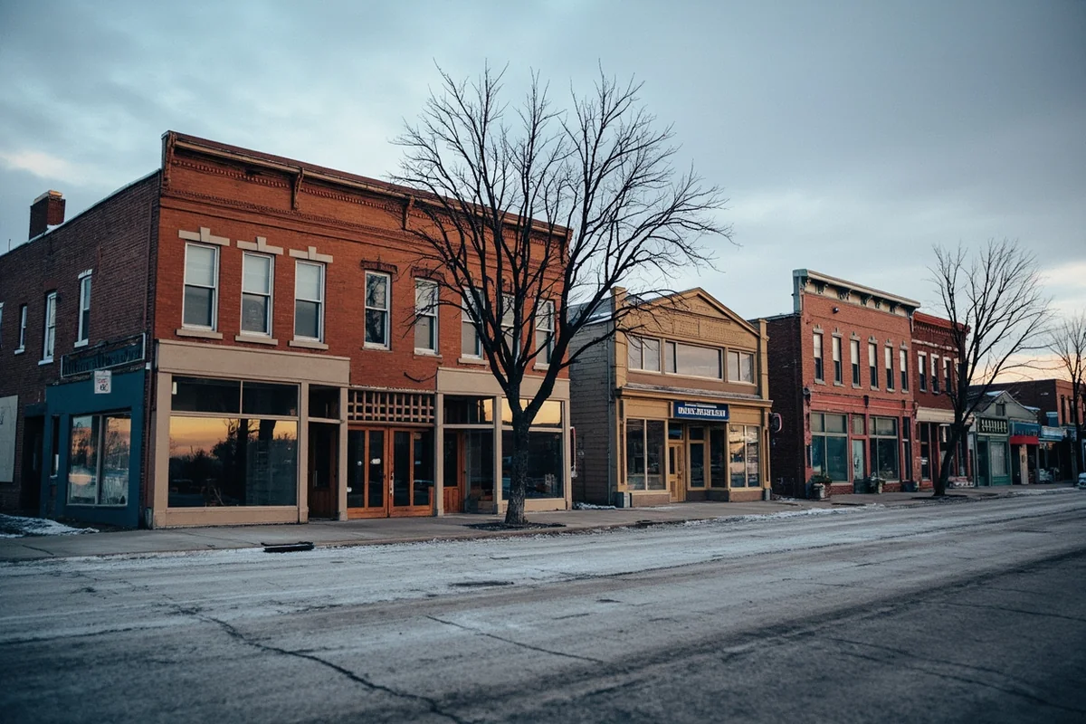 Abandoned storefronts on a small Montana main street during winter