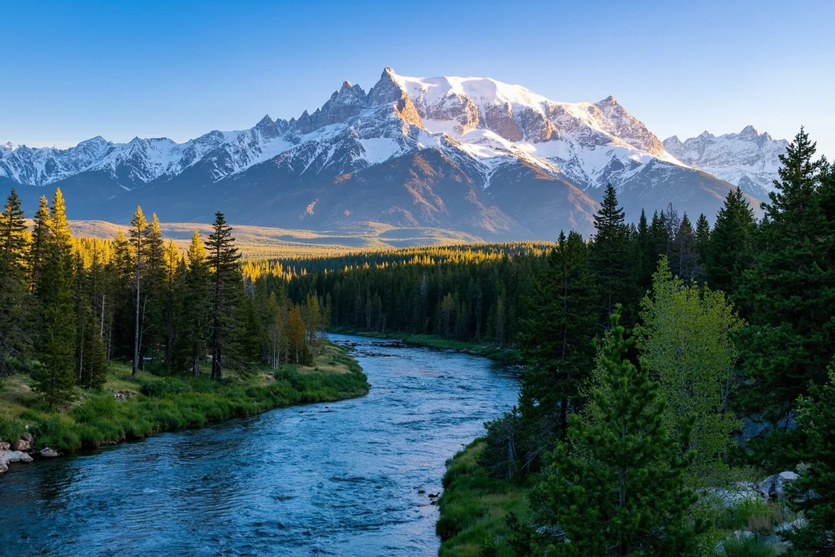 Absaroka Range peaks rising above Paradise Valley with Yellowstone River in foreground