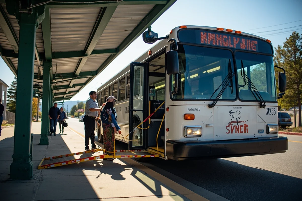 Accessible bus with wheelchair ramp deployed at a Montana transit stop