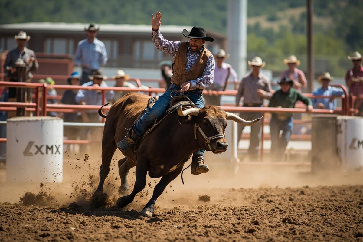 Action shot of bull riding at small-town Montana rodeo with crowd in background
