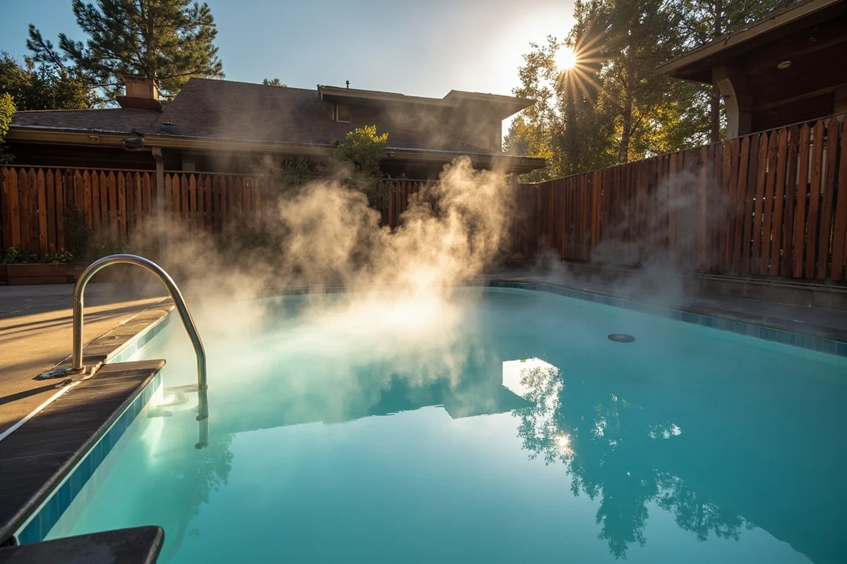 Adults-only hot spring pool at Quinn's with steam rising and wooden privacy fencing