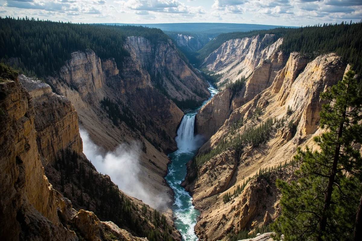 Aerial perspective showing Lower Falls in context with the Grand Canyon of the Yellowstone stretching into the distance