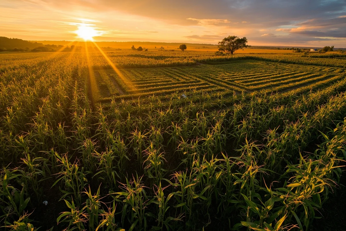 Aerial view of a Montana corn maze design during golden hour, showing intricate pathways cut through tall cornstalks