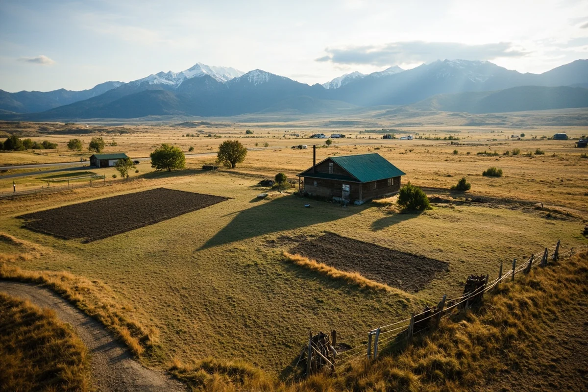 Aerial view of a Montana homestead with cabin, garden plots, and livestock fencing against mountain backdrop
