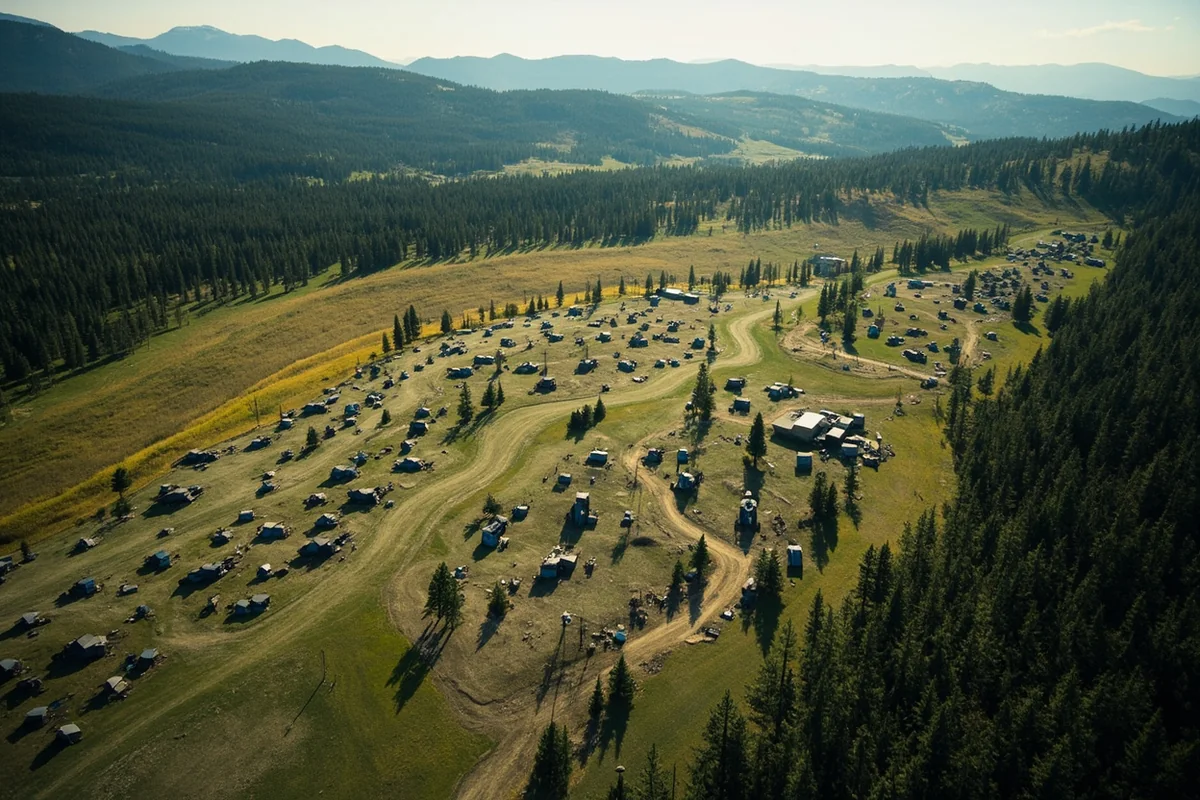 Aerial view of a Montana paintball facility showing multiple playing fields with both natural forest areas and cleared speedball zones