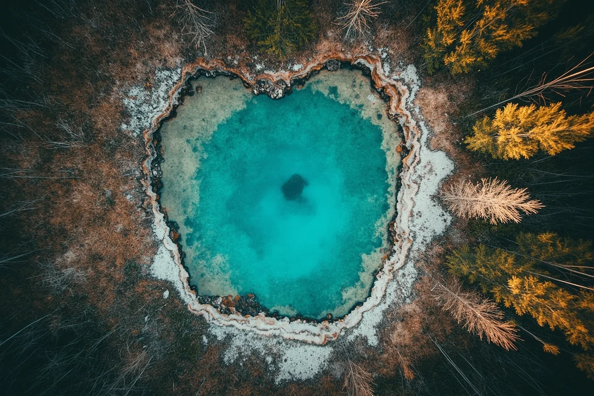 Aerial view of a remote turquoise hot spring surrounded by Montana wilderness