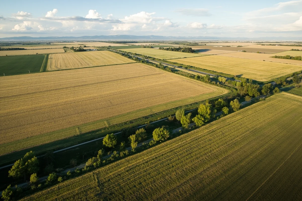 Aerial view of agricultural fields and shelterbelts in northeastern Montana showing typical whitetail habitat