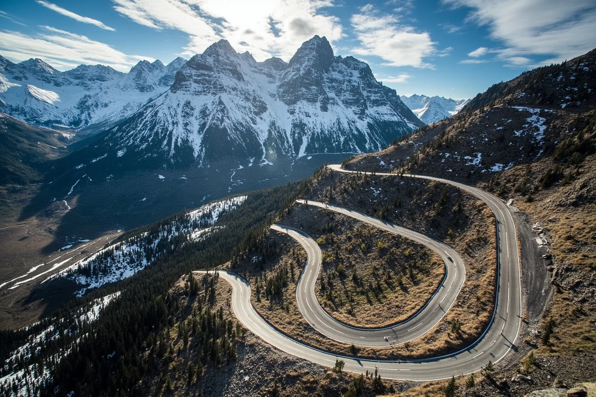Aerial view of Beartooth Highway switchbacks climbing through alpine terrain with snow patches