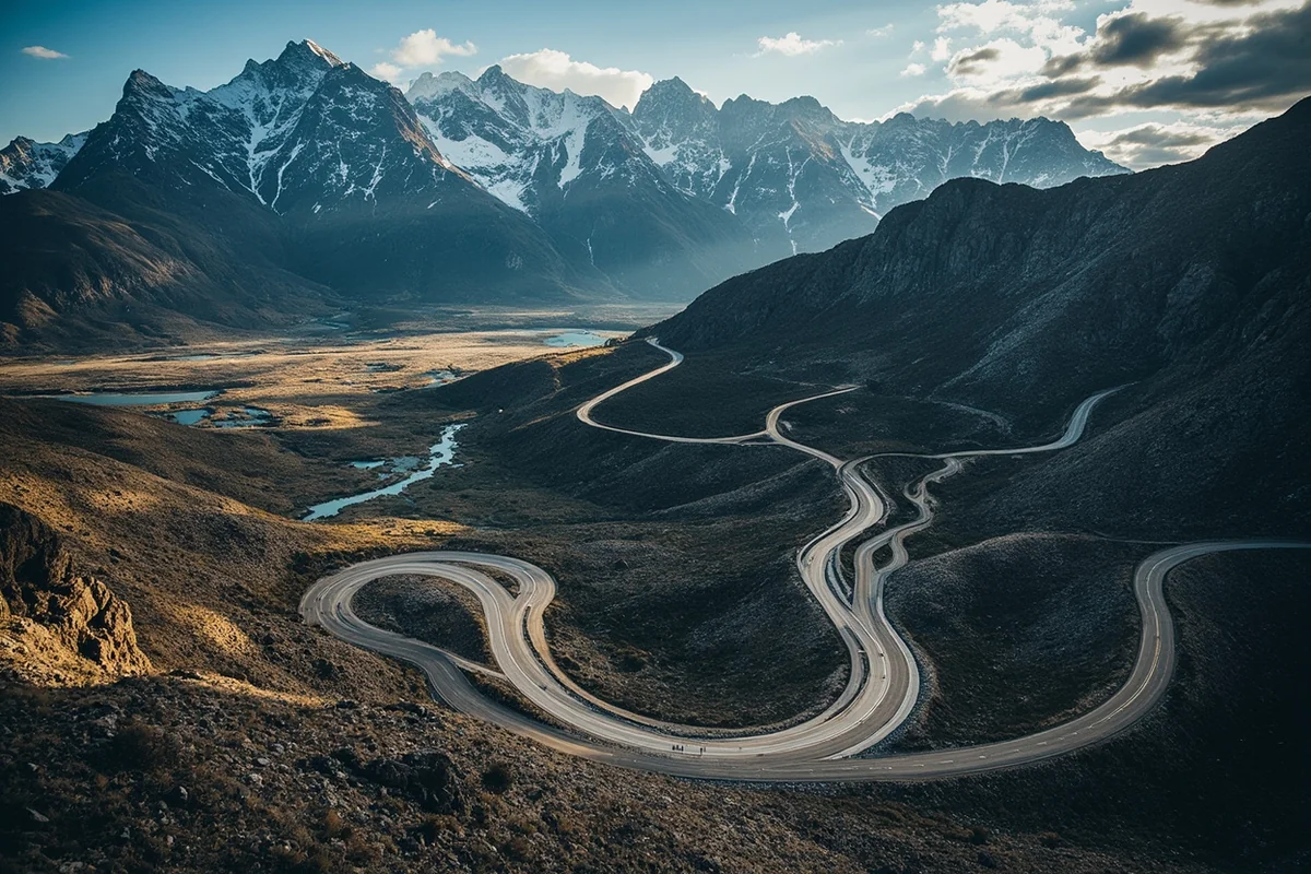 Aerial view of Beartooth Highway switchbacks cutting through alpine terrain