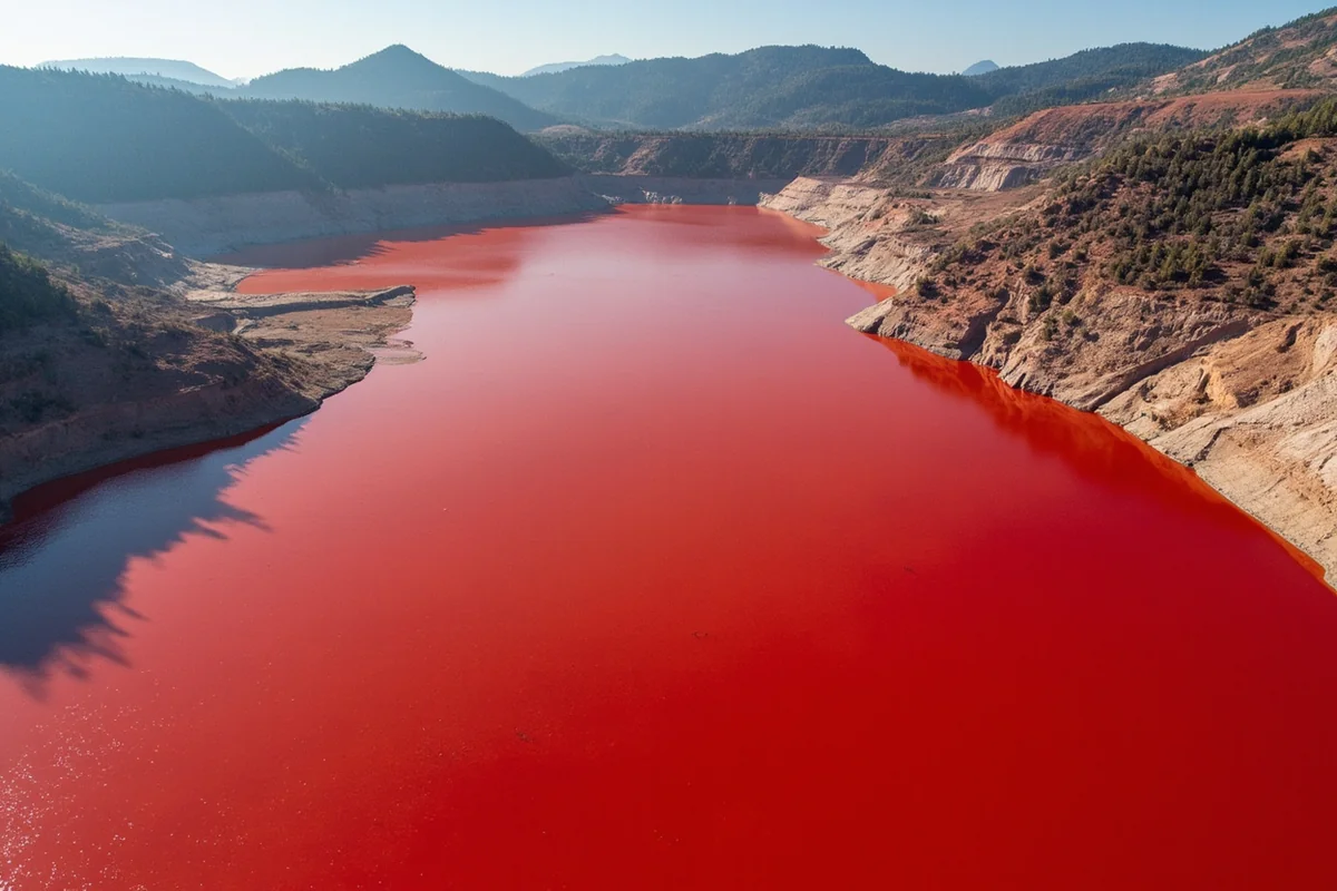 Aerial view of Berkeley Pit's red-tinted toxic water