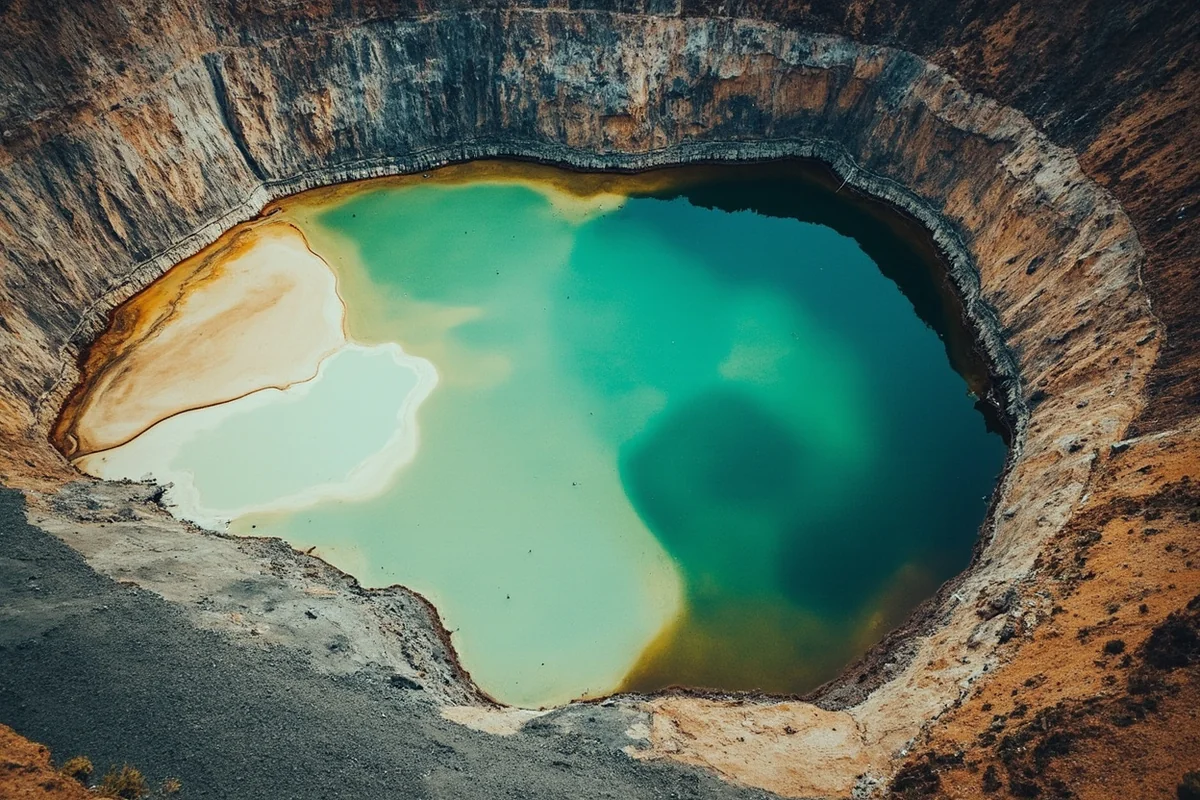 Aerial view of Berkeley Pit showing contaminated water in various unnatural colors