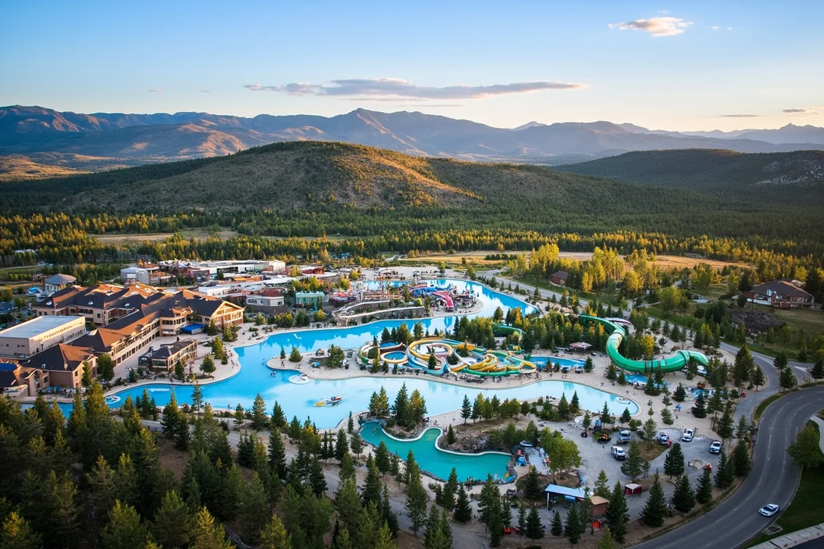 Aerial view of Big Sky Waterpark with mountain backdrop in Columbia Falls, Montana