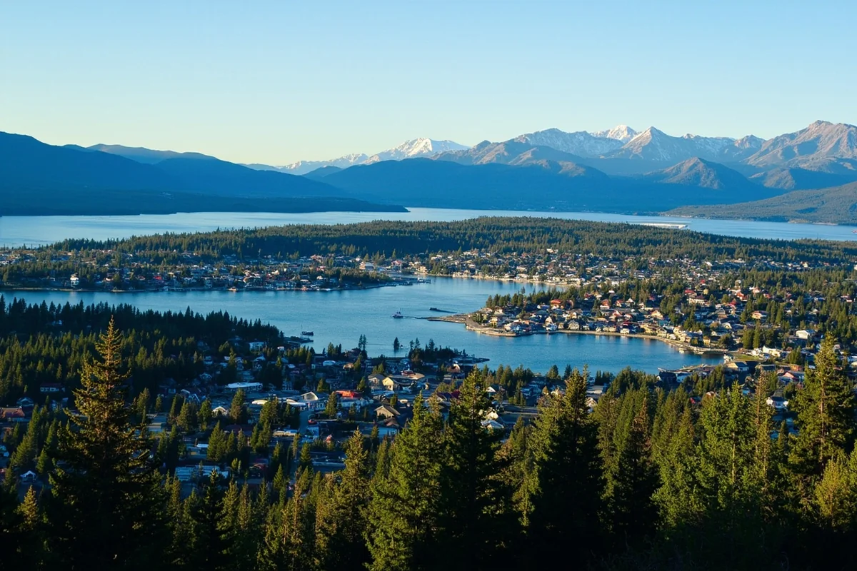 Aerial view of Bigfork village with Flathead Lake and Swan Mountains in background