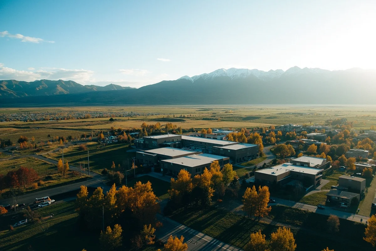 Aerial view of Bozeman High School campus with mountains in background