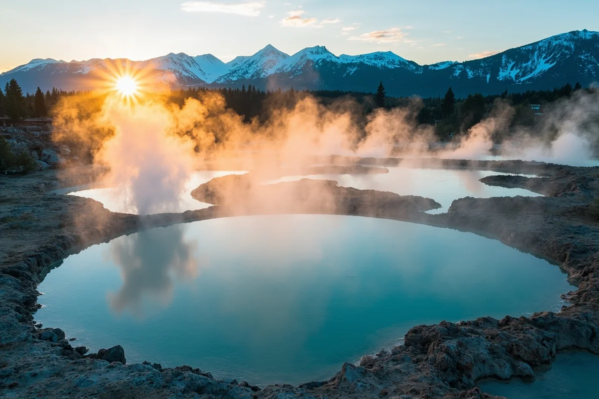 Aerial view of Bozeman Hot Springs showing the multiple outdoor pools with steam rising against mountain backdrop