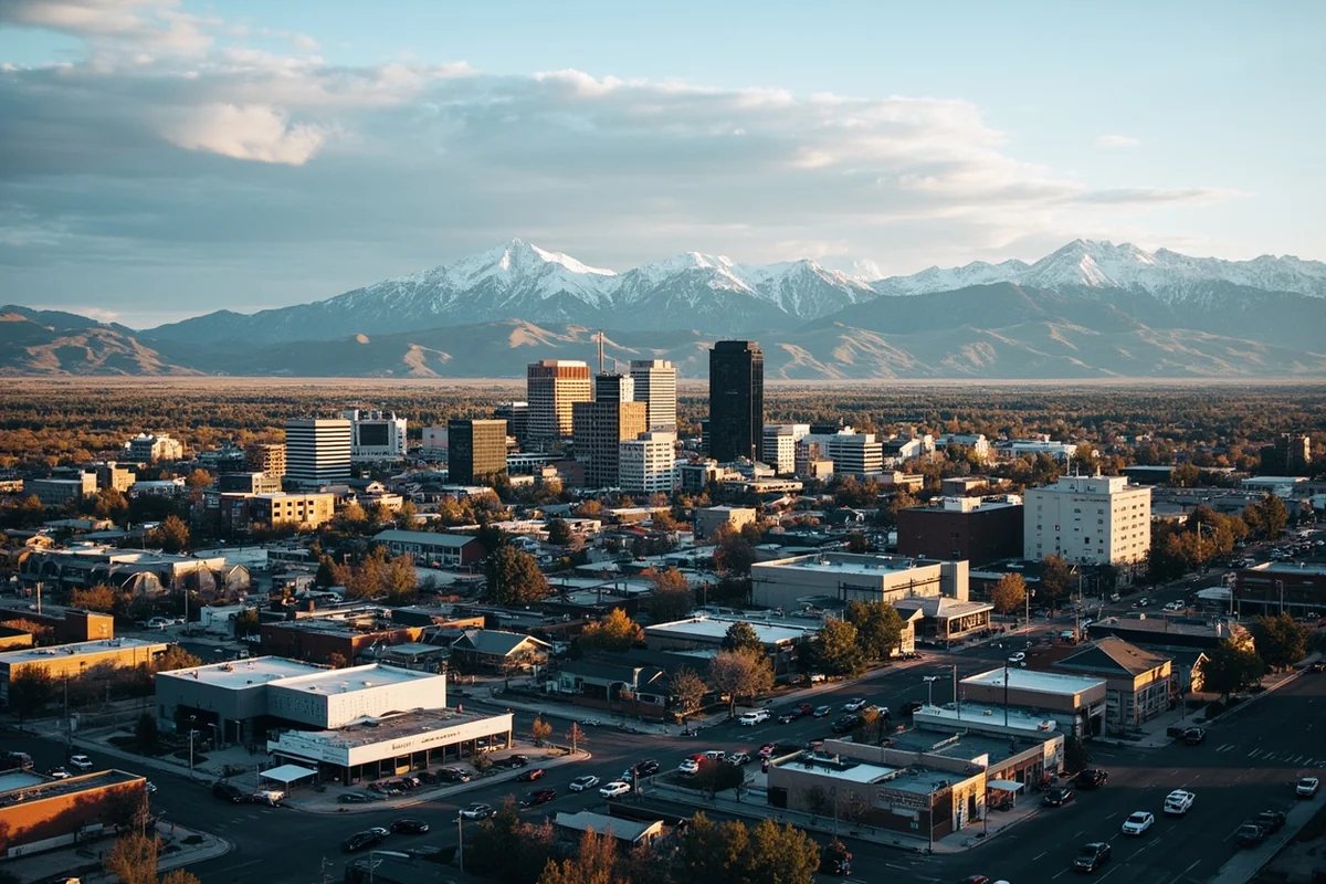 Aerial view of Bozeman's growing downtown area with mountains in the background