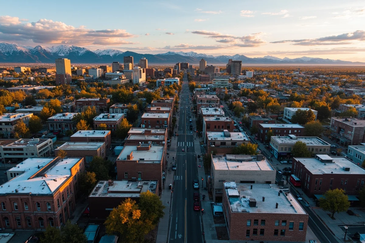Aerial view of Bozeman showing contrast between historic downtown and new luxury developments