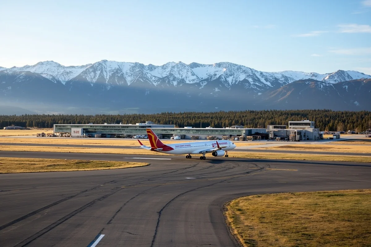 Aerial view of Bozeman Yellowstone International Airport with mountain backdrop