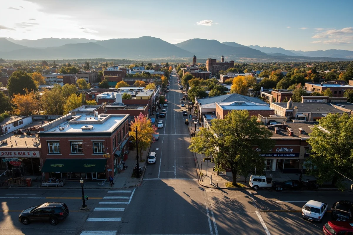Aerial view of downtown Bozeman with mountain backdrop showing the walkable brewery district