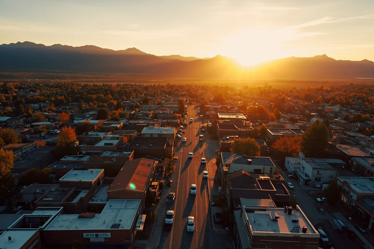 Aerial view of downtown Dillon with mountains in background during golden hour