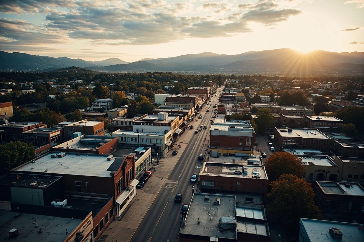 Aerial view of downtown Helena showing Last Chance Gulch with brewery locations marked