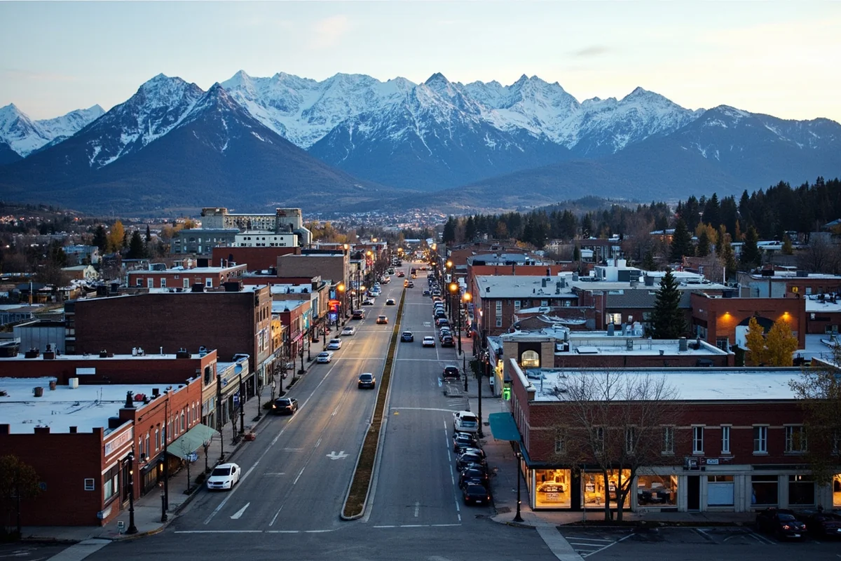 Aerial view of downtown Whitefish with mountain backdrop and Central Avenue visible