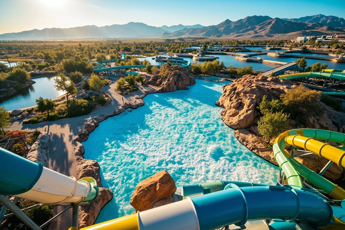 Aerial view of Electric City Water Park showing the wave pool, slides, and lazy river with mountains in the background